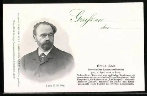 AK Emile Zola, Portrait und Kurzvita