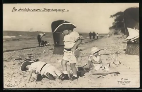 AK die drei Söhne des Kronprinzenpaares am Strand
