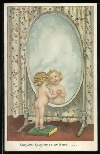 Künstler-AK Susan Beatrice Pearse: Nacktes Kind bewundert sich im Spiegel