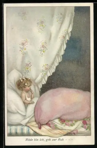 Künstler-AK sign. Susan Beatrice Pearse: Müde bin ich, geh zur Ruh, kleines Kind im Bett