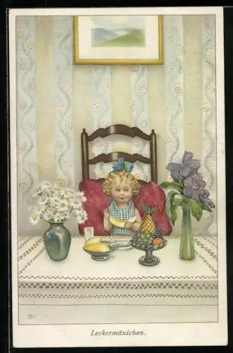 Künstler-AK sign. Susan Beatrice Pearse: Leckermäulchen, Mädchen am Tisch