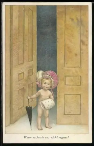 Künstler-AK Susan Beatrice Pearse: Mädchen mit Hut und Muff hält einen Regenschirm in der Hand