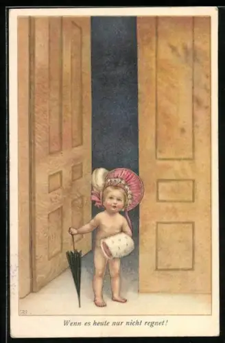 Künstler-AK Susan Beatrice Pearse: Mädchen mit Hut und Muff hält einen Regenschirm in der Hand