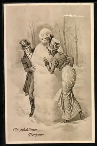 Künstler-AK Theo Zasche: Ein glückliches Neujahr!, Verliebte und Schneemann