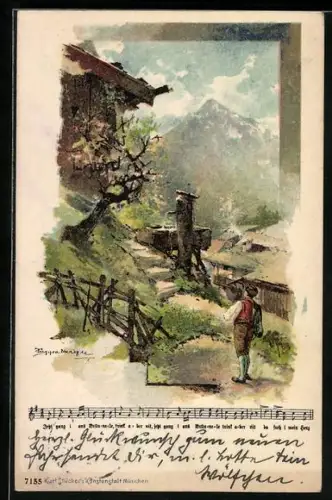 Künstler-Lithographie Theodor Guggenberger: Wanderer tritt zum Brunnen