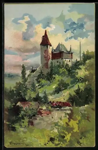 Künstler-AK Theodor Guggenberger: Kempten / Bayern, Burg Halde mit Umgebung