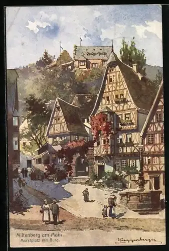 Künstler-AK T.Guggenberger: Mittenberg, Marktplatz mit Burg