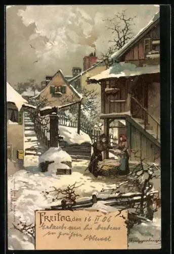 Künstler-AK Theodor Guggenberger: Verschneite Stadtpartie, Freitag