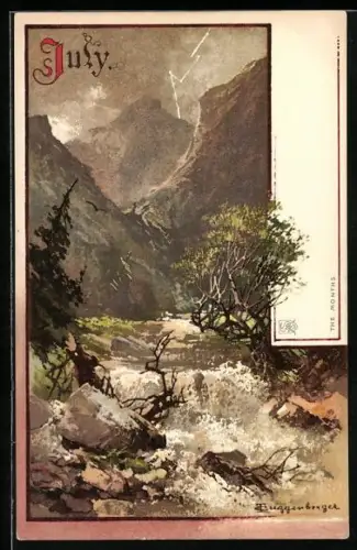 Künstler-AK T.Guggenberger: Allegorie, Juli, Wasserfall in den Bergen