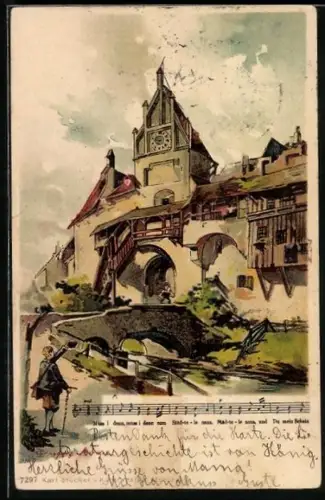 Künstler-AK T.Guggenberger: Ortsansicht mit Wanderer