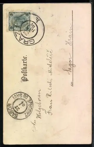 Künstler-AK T.Guggenberger: Ortsansicht mit Wanderer