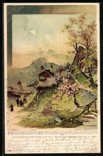 Künstler-AK Theodor Guggenberger: Ortsansicht, Liedtext- und Notenzeile