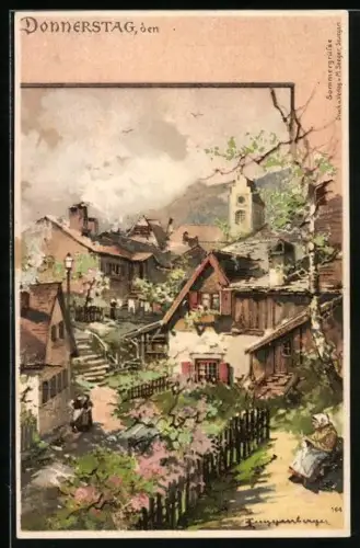 Künstler-Lithographie Theodor Guggenberger: Jeudi, le..., Ortspartie im Frühling