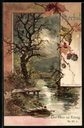 Künstler-AK T.Guggenberger: Herbst, Fahles Mondlicht spiegelt sich auf dem See