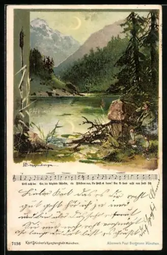 Künstler-AK T.Guggenberger: Wanderer an einem See