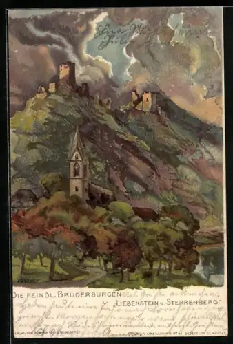 Künstler-AK Gottfried Graf: Kamp-Bornhofen, Die feindl. Brüderburgen Liebenstein u. Sterrenberg