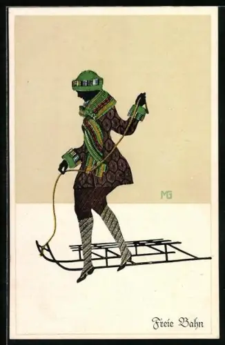 Künstler-AK Marte Graf: Junge Frau mit Schlitten - Freie Bahn