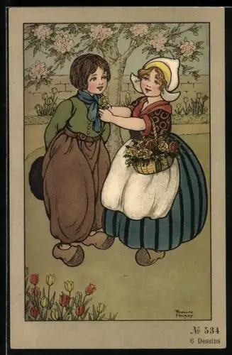Künstler-AK Florence Hardy: Mädchen steckt ihrem Liebsten eine Blume ins Knopfloch