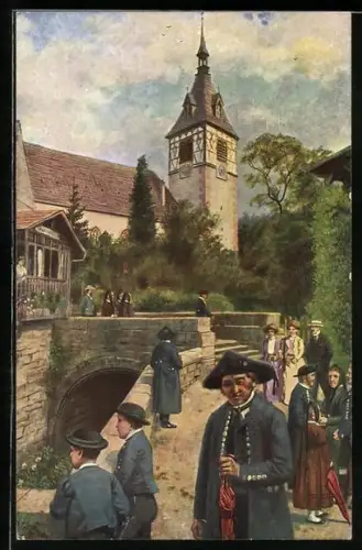 Künstler-AK Bad Liebenzell, Leute auf den Weg zur Kirche am Sonntag