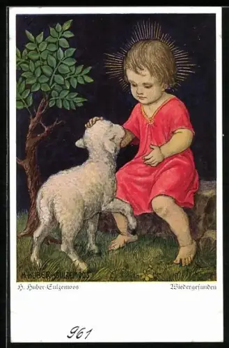 Künstler-AK Hans Huber-Sulzemoos: Kleines Mädchen mit einem Lämmchen