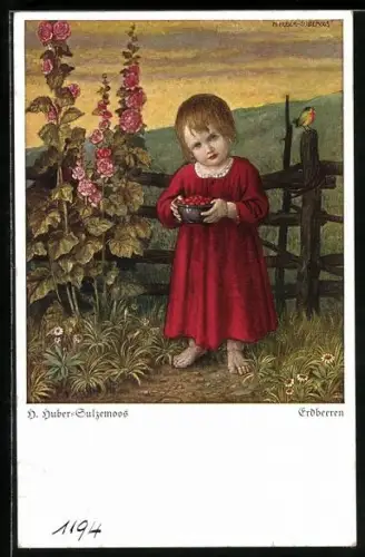 Künstler-AK H.Huber-Sulzemoos: Erdbeeren, kleines Mädchen hat sich paar Erdbeeren gepflückt