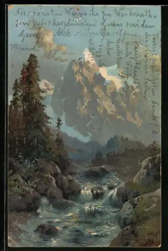 Künstler-AK Robert Kämmerer: Blick über den Bach zu den teilweise mit Schnee bedeckten Berg