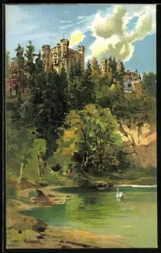 Künstler-AK Schloss Hohenschwangau mit kleinem Teich