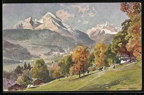 Künstler-AK Edward Harrison Compton: Berchtesgaden, Teilansicht mit Watzmann und Hochkalter