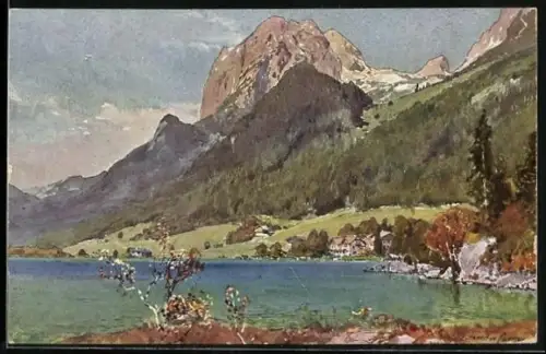 Künstler-AK Edward Harrison Compton: Hintersee, Ortsansicht mit dem Mühlsturz Hörner