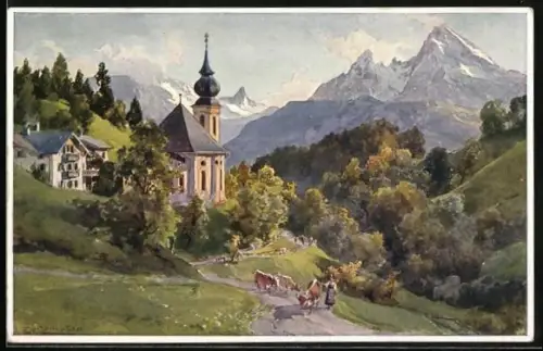 Künstler-AK Edward Theodore Compton: Gern, Panorama gegen Watzmann
