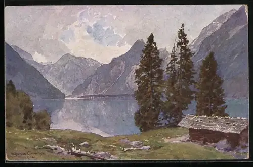 Künstler-AK Edward Harrison Compton: Hütte am Königssee-Kessel mit Bergen