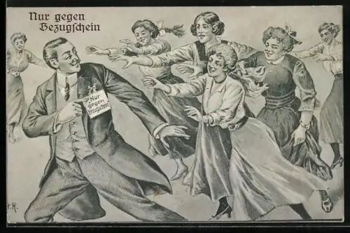 AK Frauen reissen sich um jungen Mann mit Bezugschein