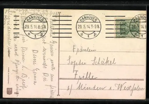 AK Fröhliche Pfingsten, Maikäfer auf Birkenzweig und Vergissmeinnicht