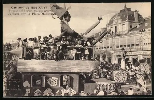AK Nice, Carneval de Nice XLVII, Boussonnié s`en va en huerre défilant sur la place Masséna, Casino