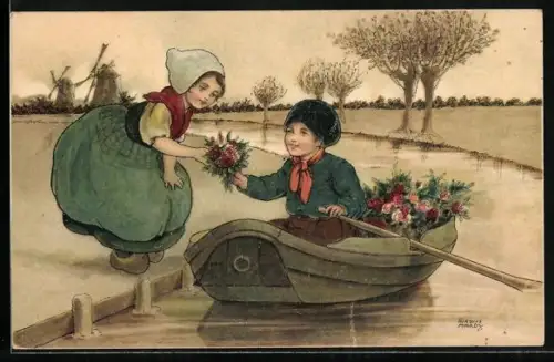 Künstler-AK Florence Hardy: Junge im Ruderboot überreicht Blumenstrauss an Mädchen