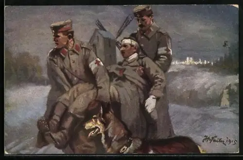 Künstler-AK Sanitätshund hat Sanitätern einen Verletzten gezeigt