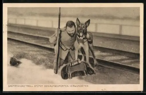 AK Sanitätshund Troll stützt einen aufgespürten Verwundeten