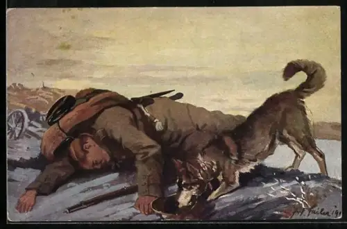 Künstler-AK Sanitätshund bei der Auffindung eines verletzten Soldaten