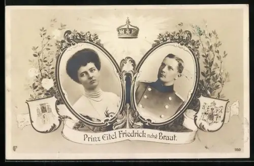 AK Prinz Eitel Friedrich von Preussen nebst Braut, Krone, Wappen
