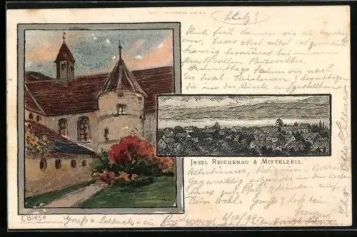 Künstler-Lithographie Carl Biese: Reichenau, Münster St. Maria und Markus, Ortsansicht von Mittelzell
