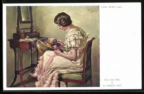 Künstler-AK Carl Zewy: Der neue Hut, Frau im Kleid sitzt auf einem Stuhl und näht einen Hut