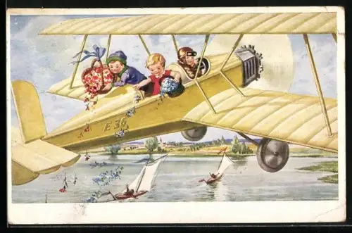 AK Kleine Gratulanten streuen Blumen aus einem fliegenden Fluzeug