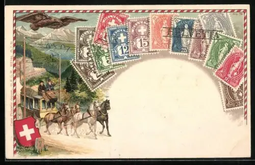 Lithographie Die verschiedenen Briefmarken der Schweiz, Adler, Pferdekutsche