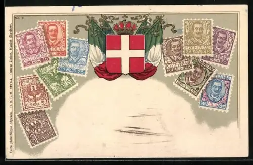 AK Italien, Briefmarken mit Wappen