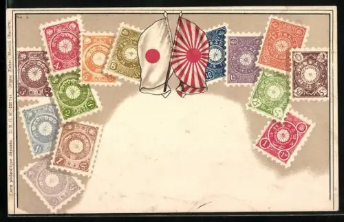 AK Japan, Briefmarken, Fahnen