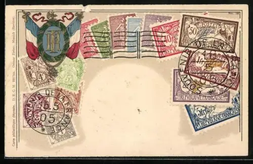 AK Frankreich, Briefmarken und Wappen mit Fahnen