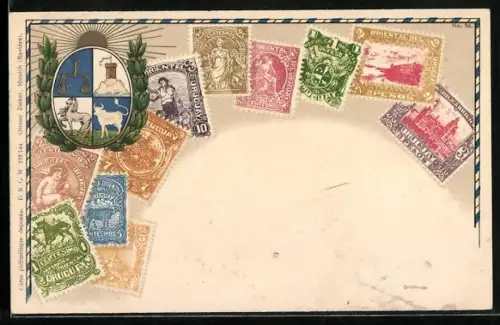 AK Uruguay, Wappen & versch. Briefmarken