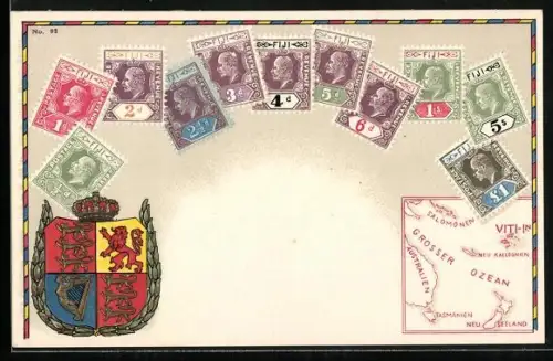 AK Briefmarken der Fiji-Inseln, Landkarte und Wappen