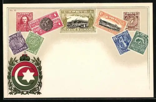 AK Kreta, Briefmarken mit darauf abgebildeten Persönlichkeiten, Fabelwesen und Landschaften, Wappen