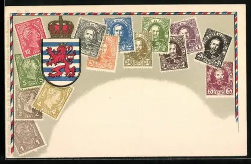 AK Luxemburg, Briefmarken und Wappen mit Krone